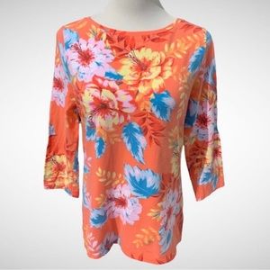 Talbots Floral Boatneck Top Cotton 3/4-Sleeve, Size L